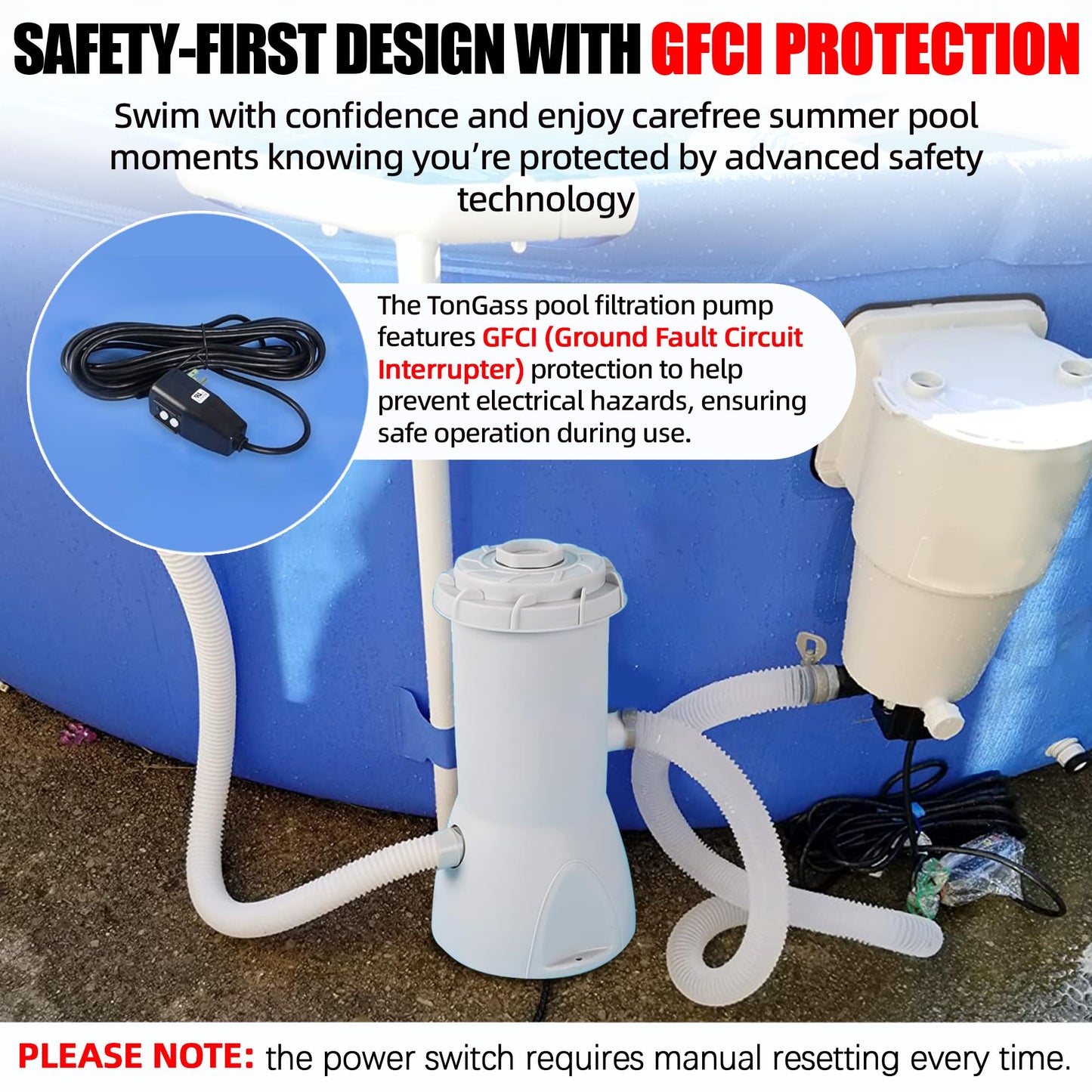 TonGass 800 GPH Pool Filter Pump for Above Ground Pools, Powerful Circulation System with Filter Cartridge, GFCI Safety Protection, Easy to Install Pool Pump for Pools up to 5000 Gallons