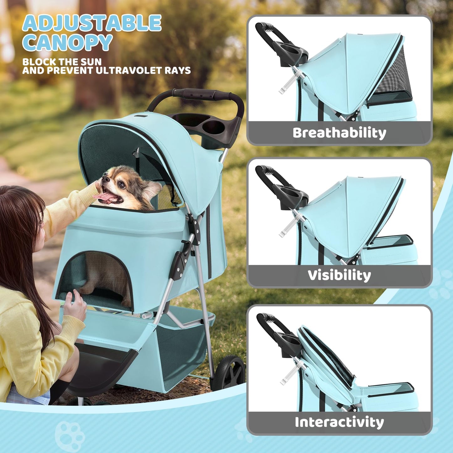 Magshion 3-Wheel Pet Stroller, Foldable Travel Jogger for Small & Medium Dogs & Cats (Up to 33lbs), Lightweight Carrier with Breathable Mesh Cover, Cup Holder & Storage Basket, Mint Green