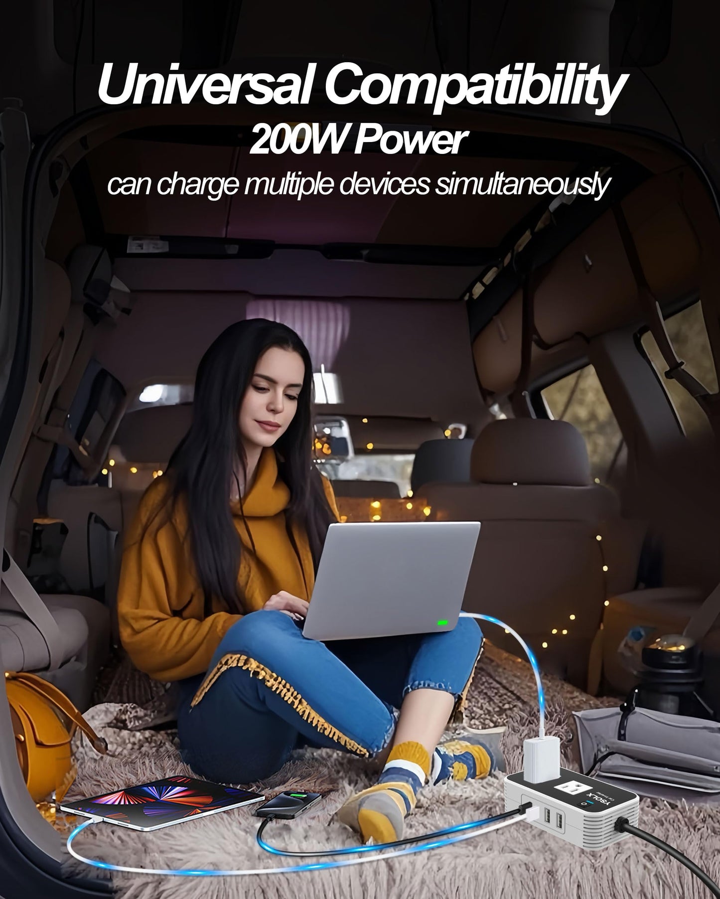 YSOLX 200W Car Power Inverter 12V to 110V for Vehicles, Car Plug Adapter Outlet with 4 USB Fast Charger, Car Charger Cigarette Lighter Adapter for Phone, Laptop on Road Trip