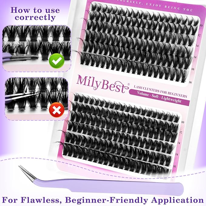 MilyBest 3 Styles Lash Clusters Kit Manga 636Pcs Eyelash Clusters Wispy Lashes Clusters D Curl Individual Cluster Lashes Natural 10-18mm False Eyelashes with Bond&Seal Spiky Lash Packs for Beginners