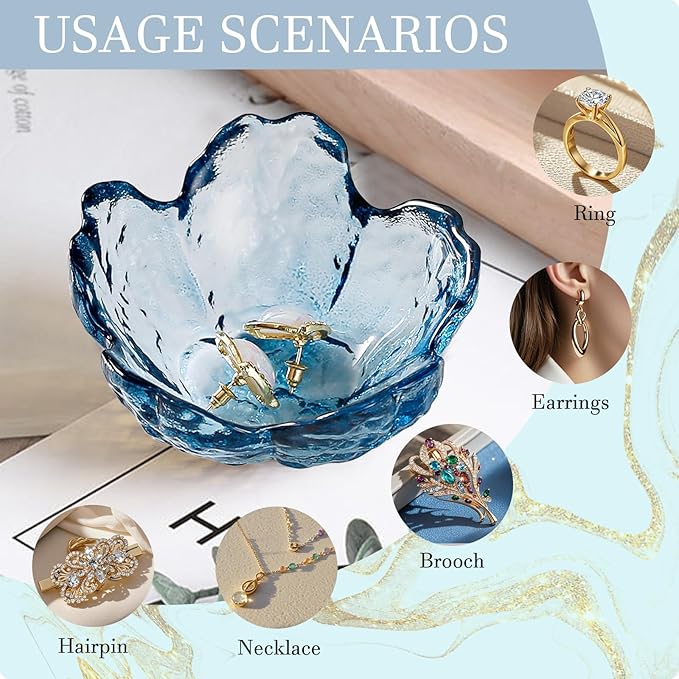 Blue Flower Glass Ring Dish Jewelry Tray Ring Holder Dish Cute Room Decor Vanity Organizer for Nightstand or Bathroom Aesthetic Trinket Dish Gift for Wife Mom Daughter