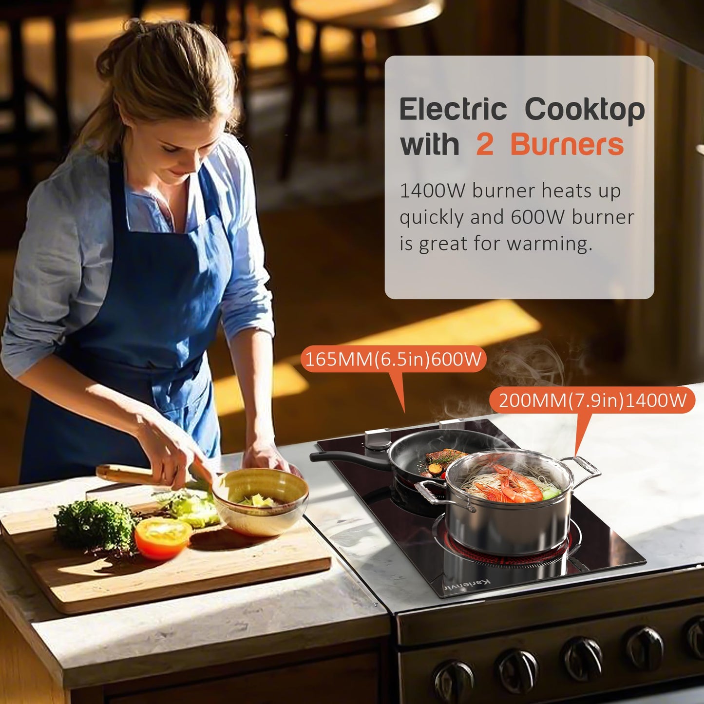 Karienvir 2 Burner Electric Cooktop, 12 Inch Countertop & Built-in Electrical Stovetop, 110V Electric Stove with Plug, Knob Control, 9 Power Level, 2000W(1400W+600W)