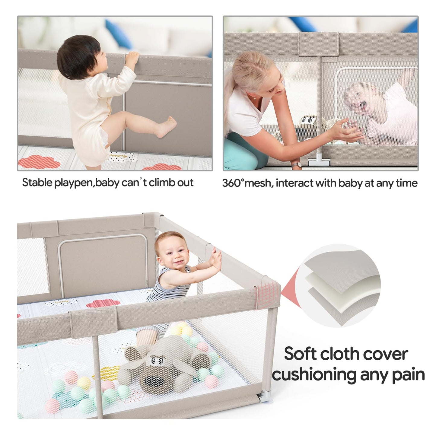 Fodoss Baby Playpen with Mat, 59x59in Playpen for Babies and Toddlers, Kids Play Pen, Extra Large Baby Fence for Infants with Playmates, Toddler Playard
