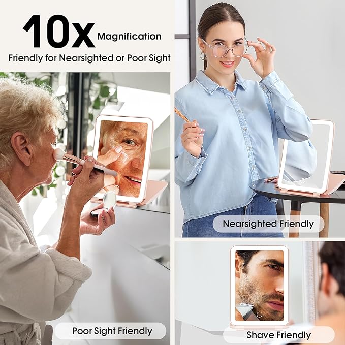Travel Makeup Mirror with Lights and Magnification, 10X/1X Magnifying Vanity Mirror with 3 Colors & Brightness Adjustable, 2000 mAh Rechargeable Lighted Compact Mirror, Women Gift(Pink)