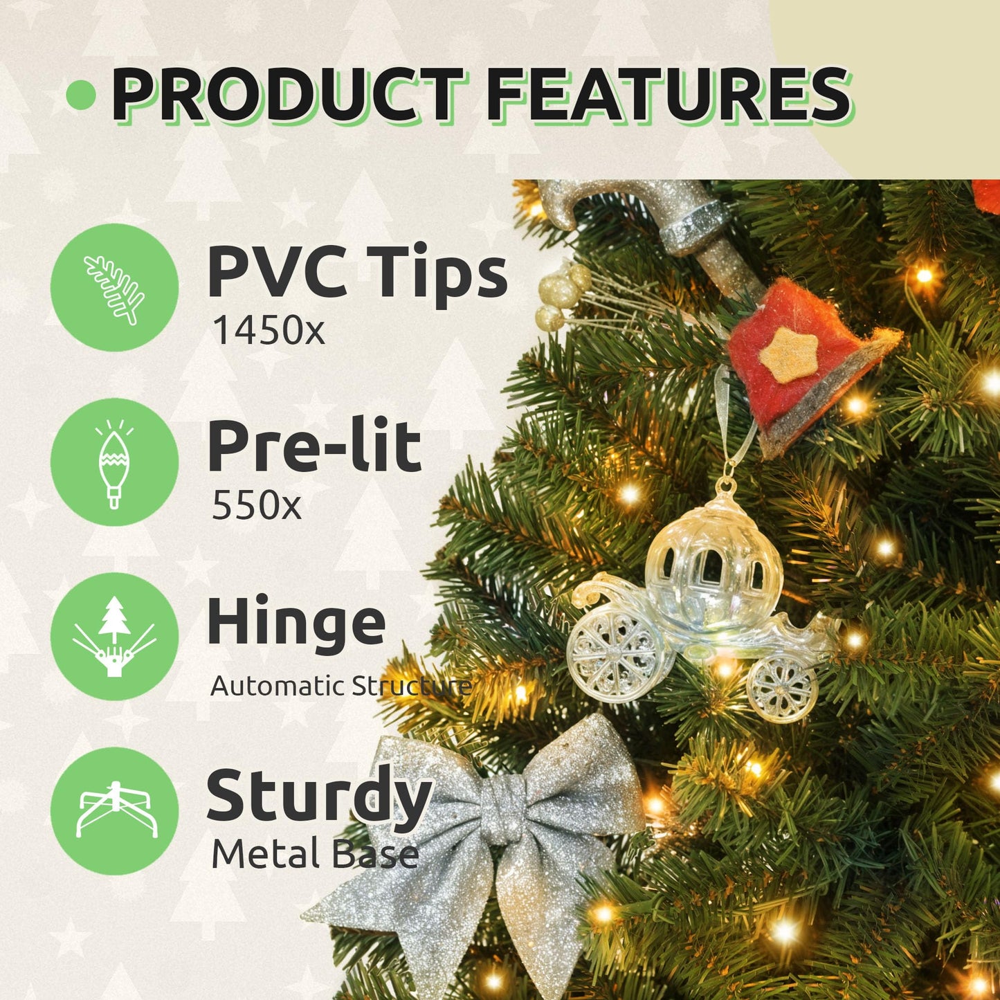 GOOBED Prelit Green Christmas Tree 7.5FT with Remote Control, Pre-Lit Green Artificial Hinged Spruce Christmas Tree with 1450 Tips, 550 LED Lights and 11 Light-Modes for Home, Party Decoration