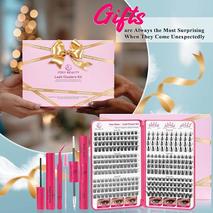 Vasa Muse Premium Lash Clusters Kit Lashes Wispy Lash Clusters Natural Eyelash Clusters Spiky Fairy Eyelash Extension Kit invisible Band Eyelashes with Bond & Seal for DIY 10-16mm 0.05mm