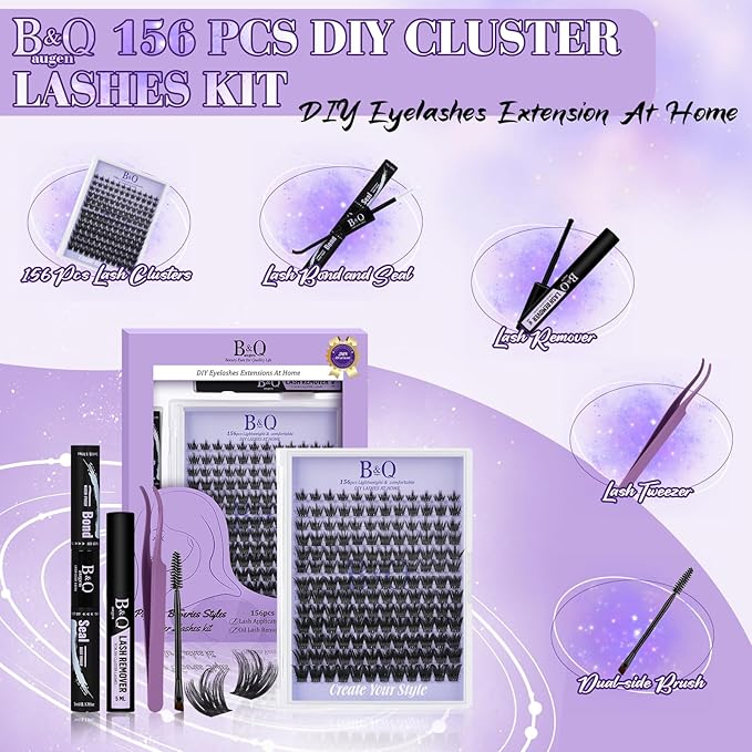 B&Q Wispy Lash Clusters Kit B04, DIY Lash Extension Kit 156PCS Eyelash Extension Kit, Soft Natural Lash Clusters 8-18MIX D Curl Lash cluster, Thin Black Band Cluster Eyelash Extensions (B04 Set)