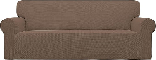 Easy-Going Stretch Oversized Sofa Slipcover 1-Piece Sofa Cover Furniture Protector Couch Soft with Elastic Bottom for Kids, Polyester Spandex Jacquard Fabric Small Checks Brown