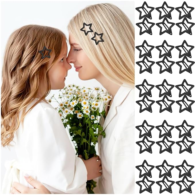 60Pcs Star Hair Clips for Baby Girl Women, Y2K Hair Snap Clips Metal Hair Barrette Hair Accessories for Women Girl, Non-slip Lovely Black Clips