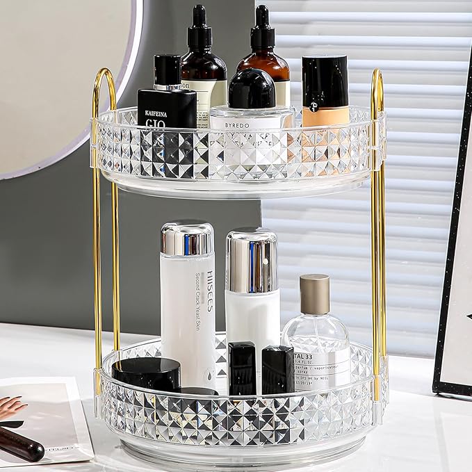 Fangoo 2 Tiers Clear Rotating Makeup Organizer for Vanity, 360 Spinning Skincare Organizers for Dresser Perfume Organizer Large Skincare Make up Storage Cosmetic Organizer for Bathroom Countertop