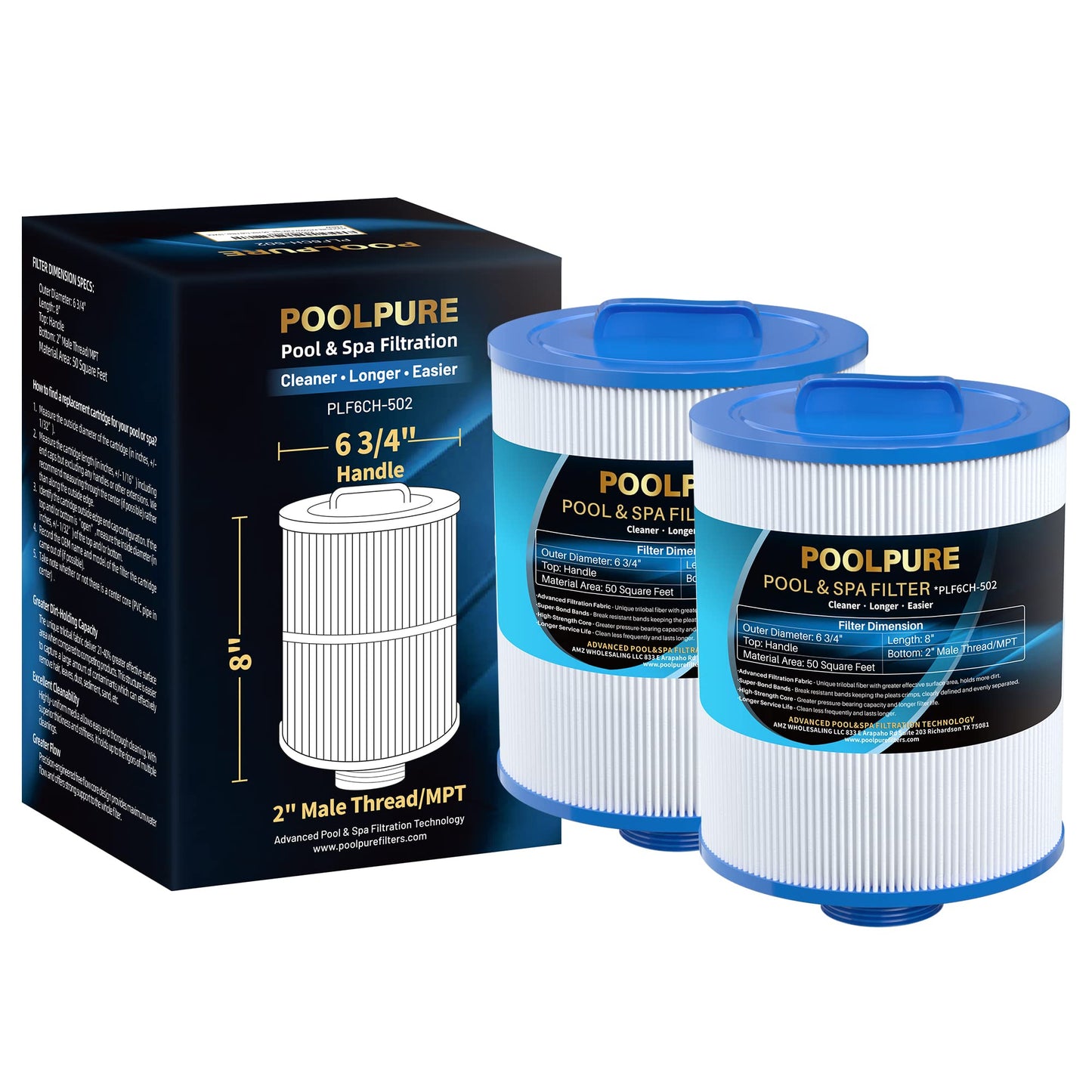 POOLPURE PAS50SV-F2M Spa Filter Replaces Unicel 6CH-502, Filbur FC-0311, Excel Filters XLS-604, Baleen AK-90161, Magnum AR50, Master Deluxe M60506 Hot Tub Filter, 2 Pack