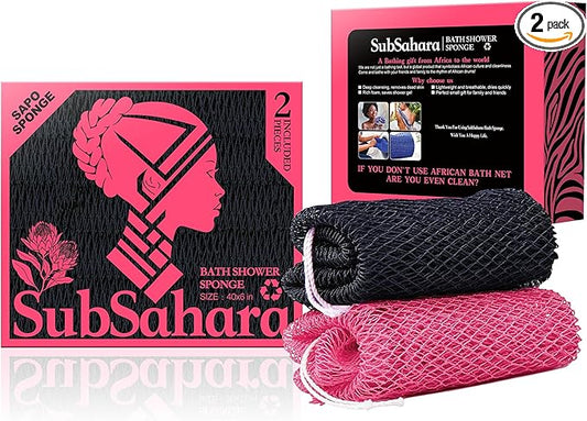 SubSahara Authentic African Net Sponge - 2 Pack Exfoliating Bath & Shower Loofah Sponge for Body & Face, Gentle Scrubber for All Skin Types, Travel, Durable (Black & Pink)