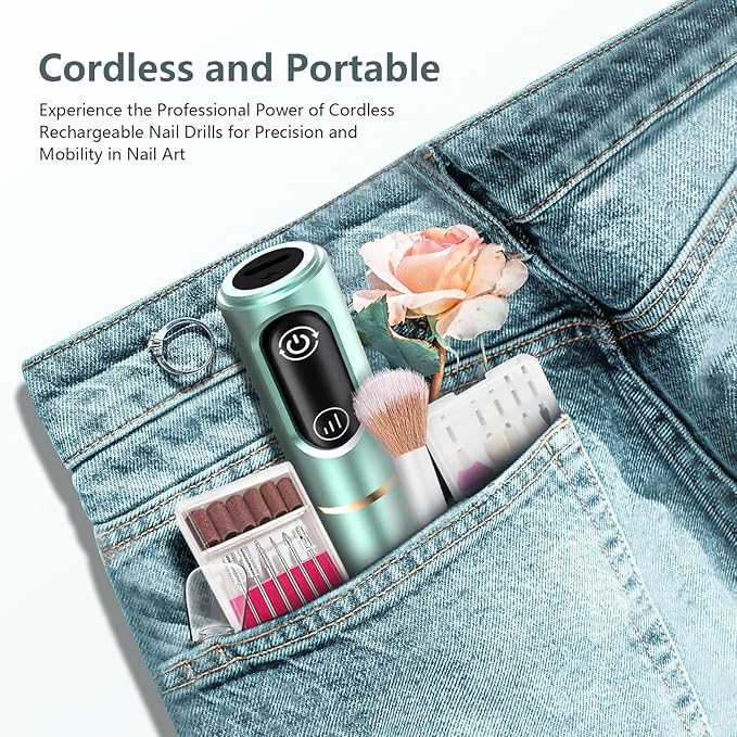 Cordless Nail Drill Electric Rechargeable File Kit, Professional Efile Acrylic Gel Nail Polish Remover Pedicure Manicure Machine Portable Set with 11 Bits 56 Sanding Bands for Salon Mint Green