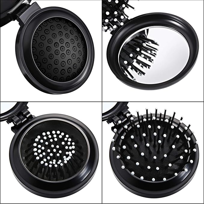 Boao 2 Pack Foldable Travel Mirror Hair Brushes Round Portable Folding Pocket Hair Brush Mini Comb Compact Travel Size Massage Comb for Men Women(Black,Round)