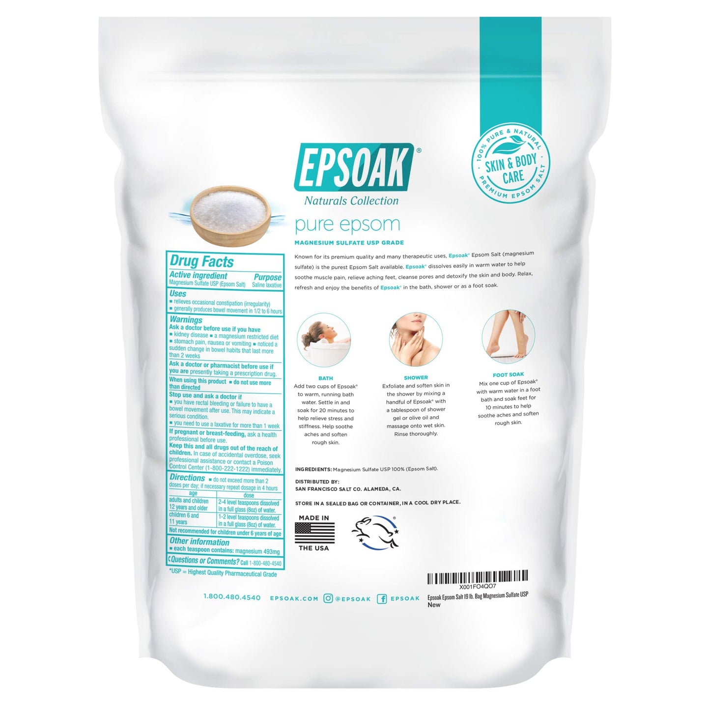 Epsoak Epsom Salt 19 lb. Magnesium Sulfate USP. Resealable Epsom Salt Bag Unscented, Made in The USA, Cruelty-Free Certified
