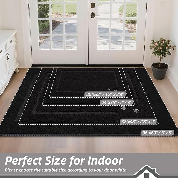 BEQHAUSE Dog Door Mat for Mud Paws Dirt Trapper Doormat Non-Slip Entryway Rugs Absorbent Welcome Mat Washable Indoor Floor Mat Low-Profile for Front Door, 24" x 36", Black