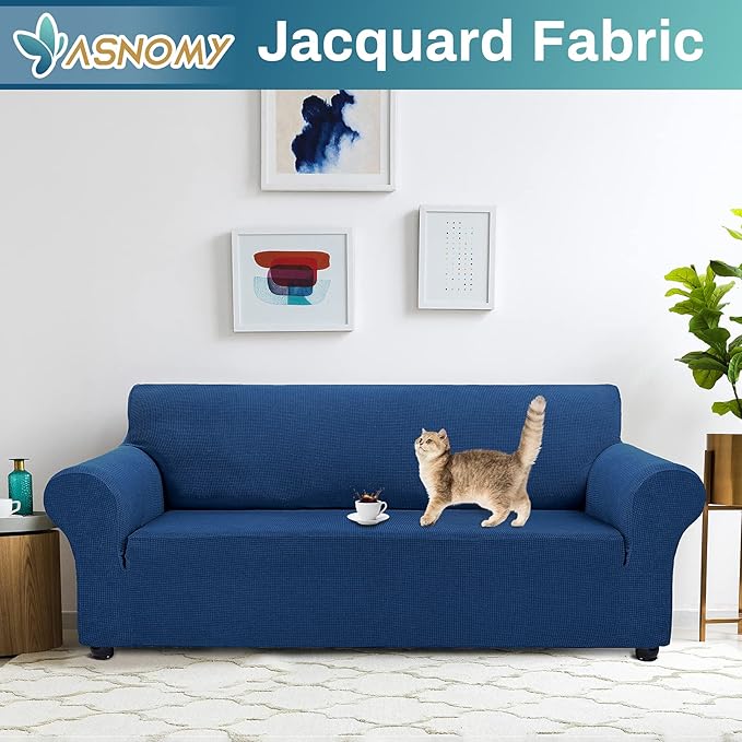 Asnomy Couch Covers for 3 Cushion Couch Stretch Sofa Covers Slipcovers, Pet Protector Furniture Covers for Dogs Cats Spandex Jacquard Fabric Small Checks （Large，Classic Blue）