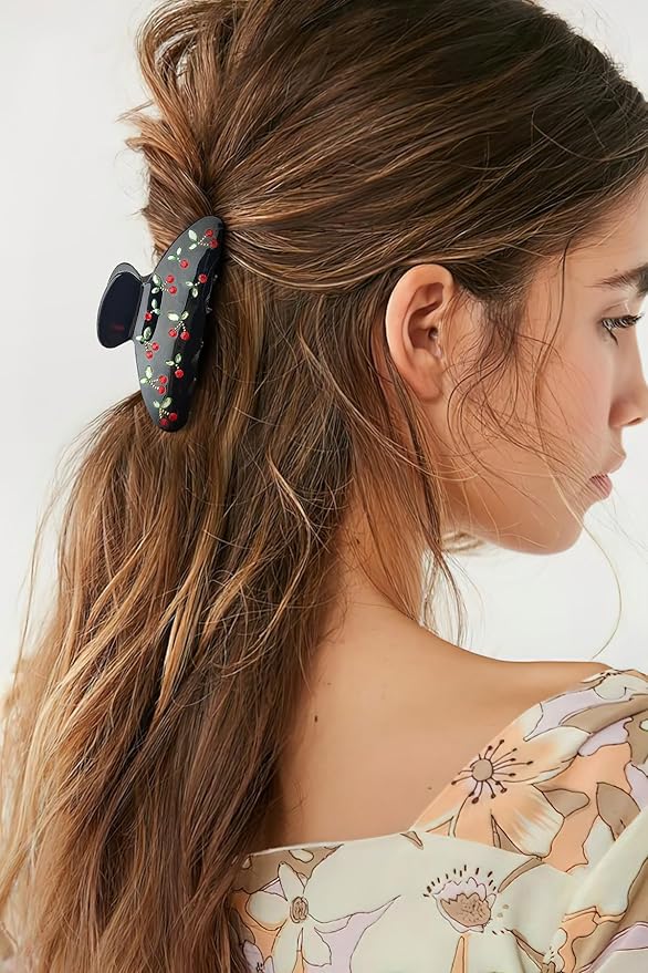LILIE&WHITE Acrylic Hair Clips For Women Black Claw Clips With The Rhinestone Pattern In Red Cherry Hair Clip With Claw For Thick Hair Strong Hair Fix Claw Clips