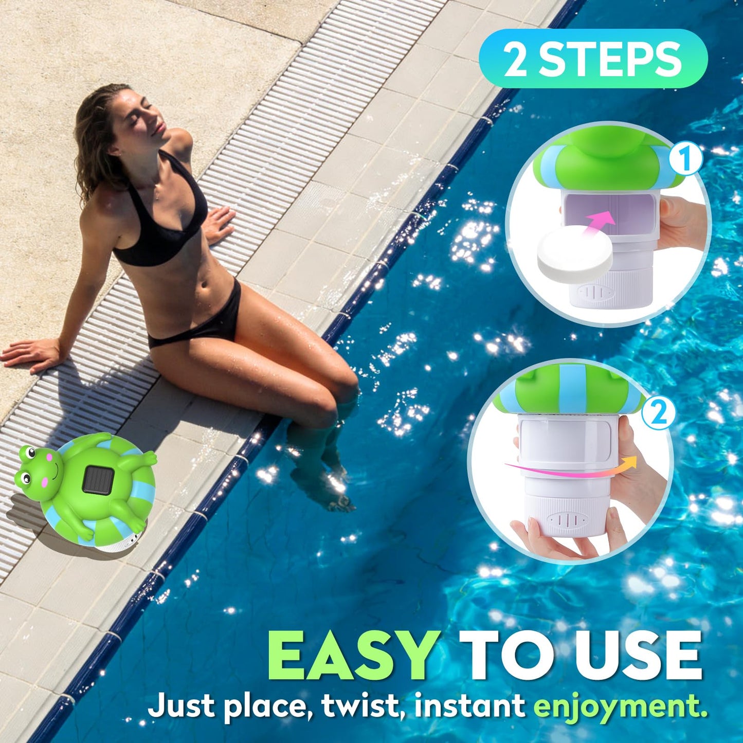 Uekars Solar Frog Pool Chlorine Floater for 3 Inch Tablets, Chlorine Tablet Floater w/Adjustable Release, Glow in Dark, Large Capacity Floating Chlorine Dispenser for Pool, Hot Tub,Spa,Blue-Green,9In