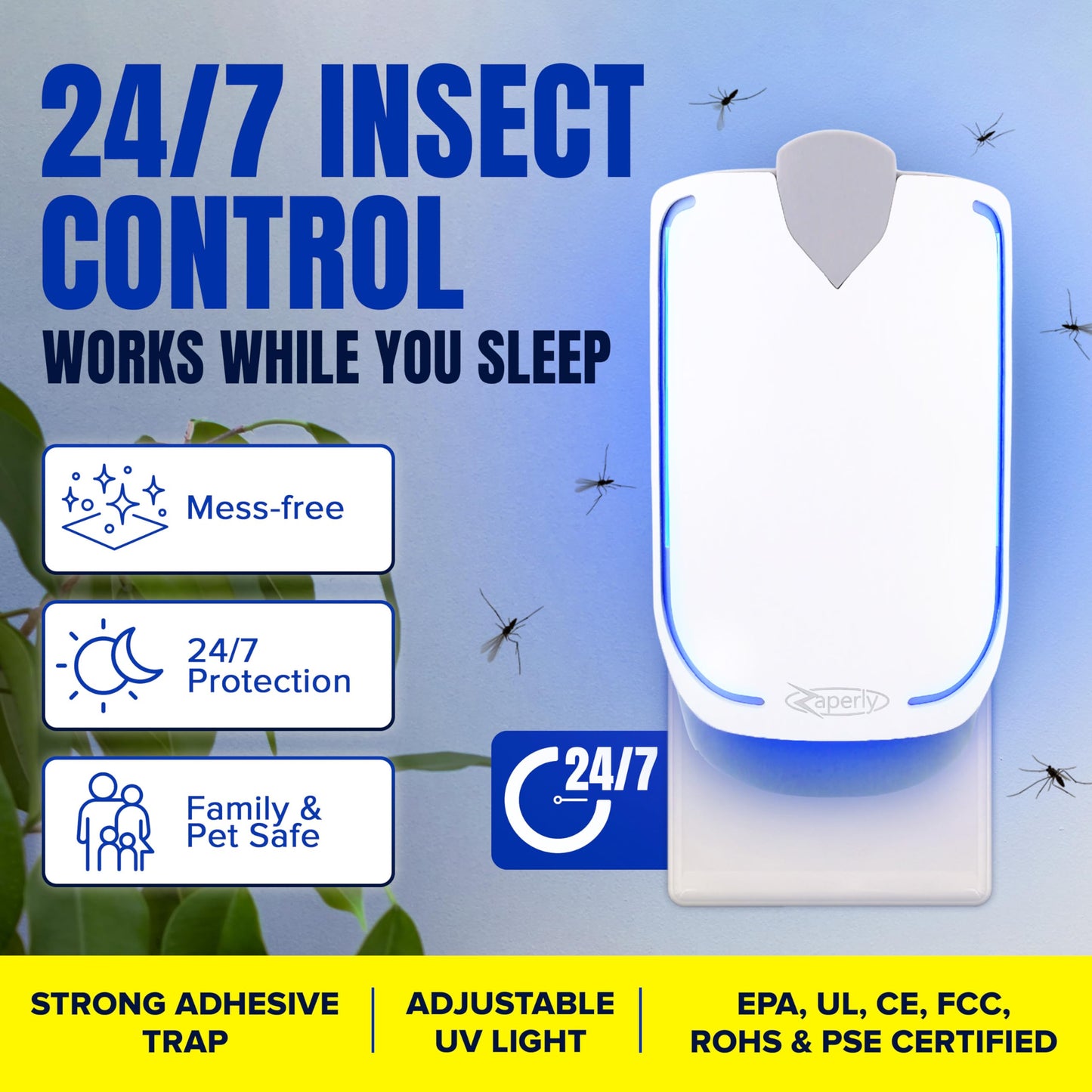 Zaperly 2 Fruit Fly Traps & 10 Adhesive Cartridges, Indoor Plug-in Bug Catcher, UV Light Fly Trap Captures Fruit Flies, Gnats, Houseflies, Moths, and Flying Insects for Kitchen, Bathroom, Plant Areas
