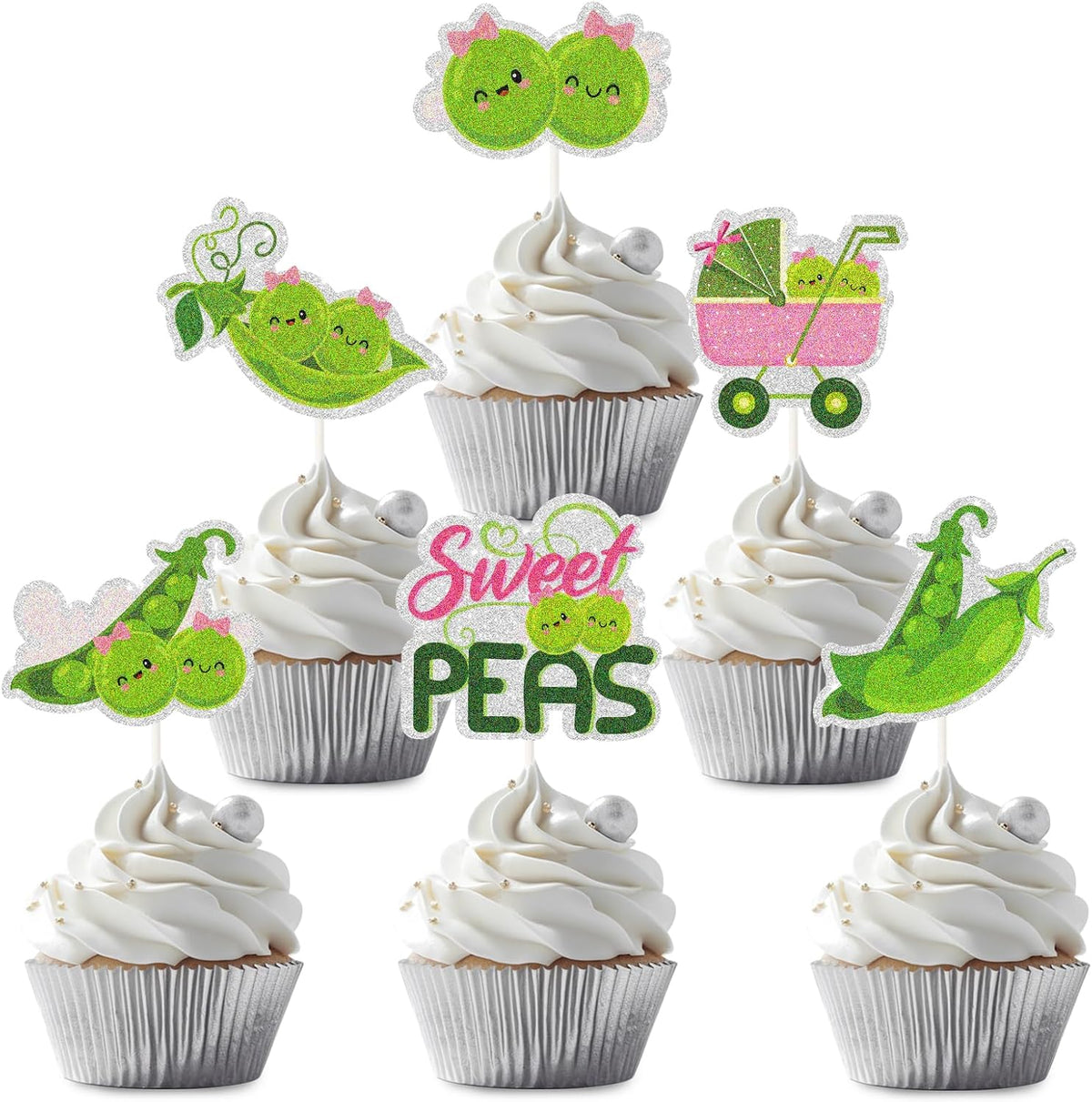 18 Pieces Pink Two Peas in a Pod Cupcake Toppers - Double The Fun Twins Girl Cupcake Picks - Pink Twins Baby Shower Gender Reveal Party Decorations