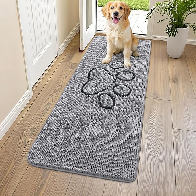 Smiry Dog Door Mat for Muddy Paws, Absorbent Dirt Trapper Non Slip Quick Dry Washable Chenille Mat for Mud Dogs, Entry Rug for Indoor and Outdoor (59x20 Inches, Grey and Black)