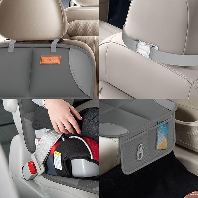 SMART ELF Car Seat Protector for Child Car Seat - Waterproof 600D Fabric Baby Seat Protectors for Non-Slip Backing Mesh Pockets for Baby and Pet, Easy Storage（Dark Gray）