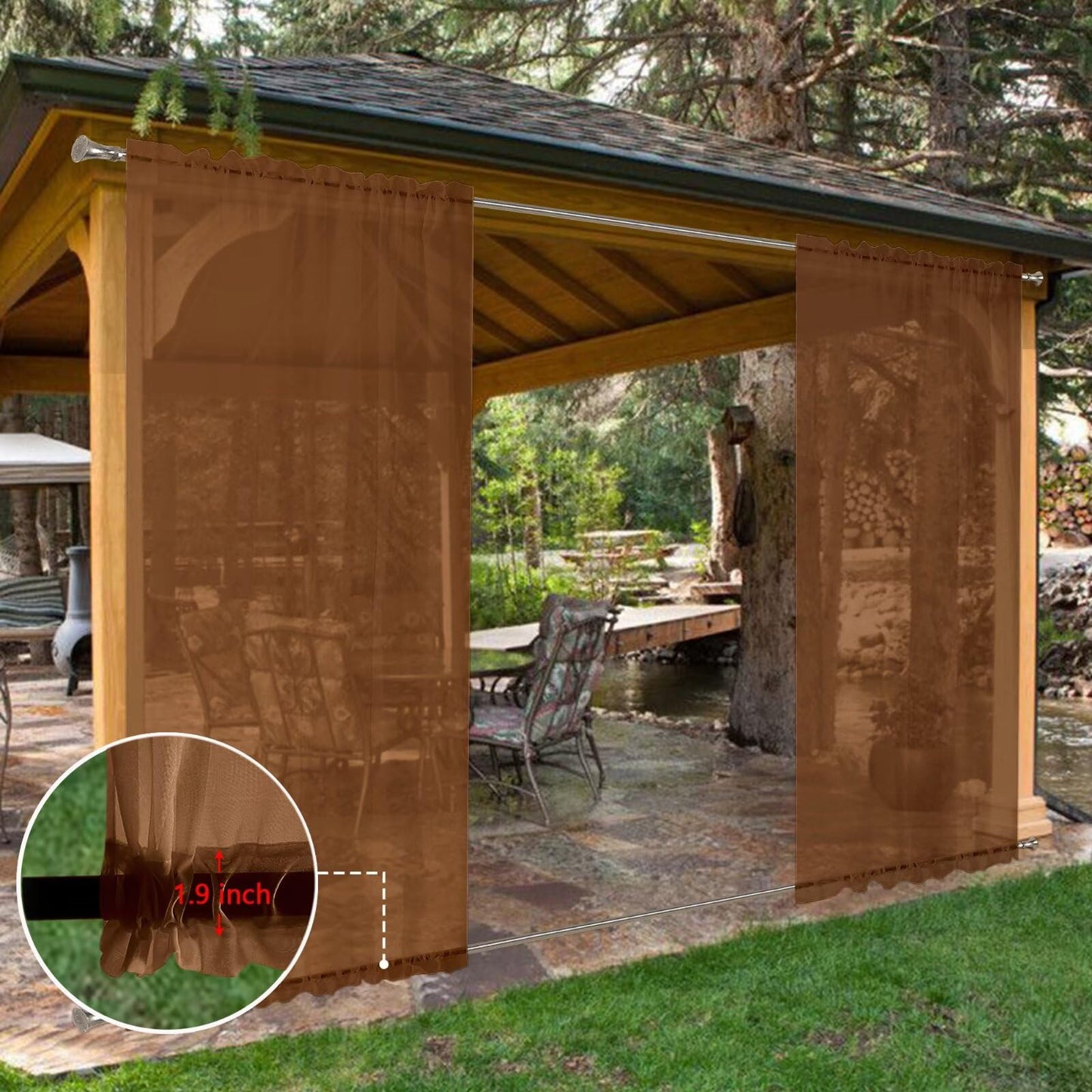 SpaceDresser Waterproof Outdoor Sheer Curtains for Patio - 4 Panels Rod Pocket Indoor Voile Sheer Curtain for Living Room,52W x 84L inch, Brown