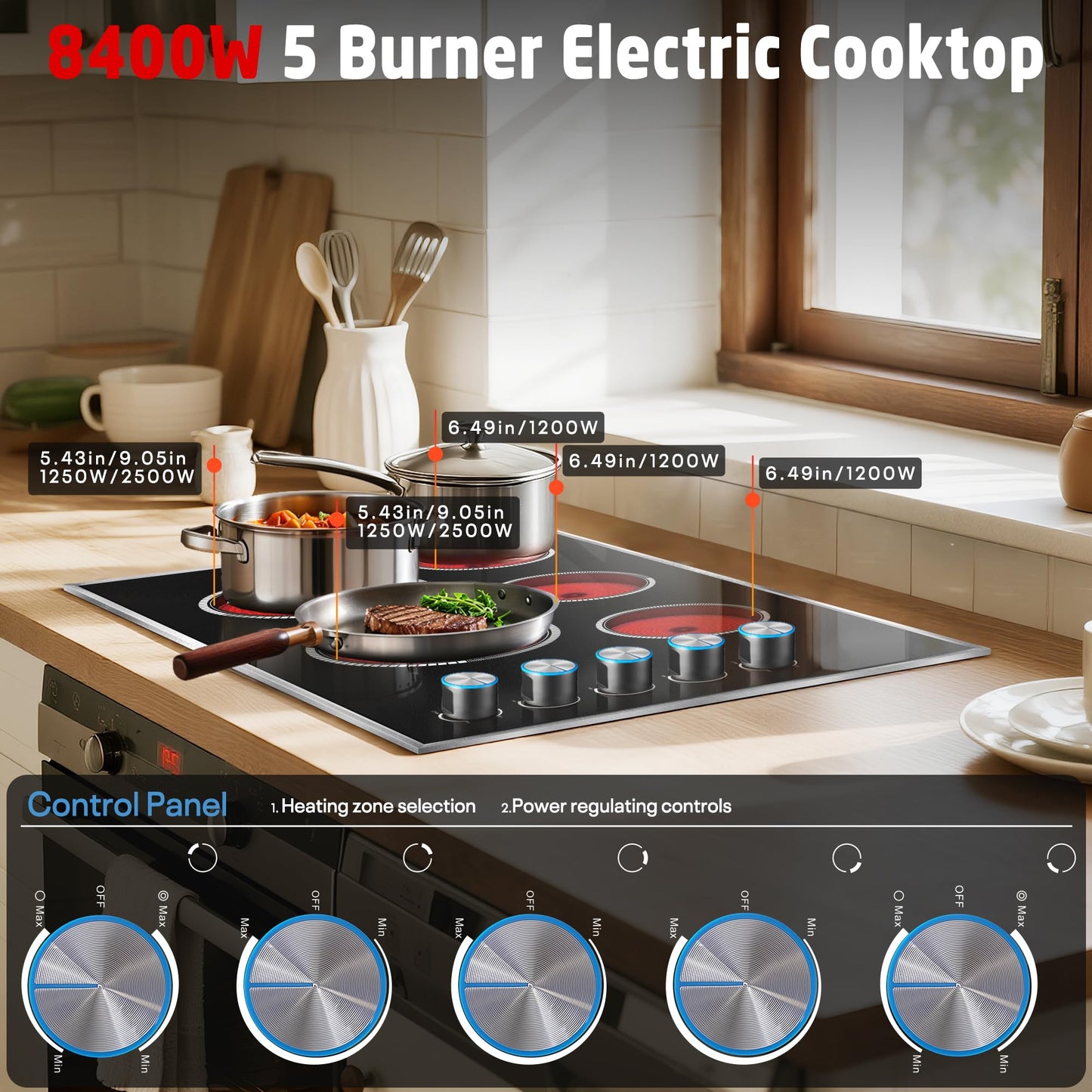 Pladeca 36 Inch Electric Cooktop, 5 Burner Electric Stove Top 8400W, 36" Ceramic Stove with Knob Control, Over-Temperature Protection, Dual Ring Zone, 220-240V Hard Wired (No Plug)