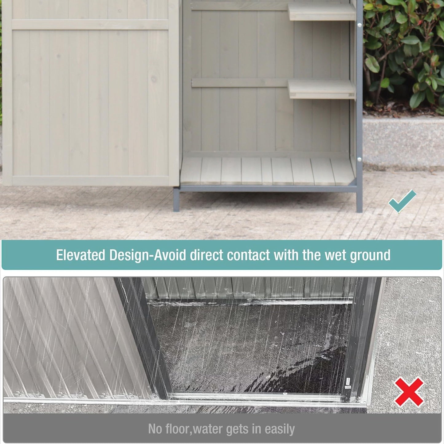 Outdoor Storage Shed with Floor, 68" Tall Wooden Garden Tool Cabinet, Metal-Framed Outdoor Tool Shed with Adjustable Shelves, Vertical Storage for Yard and Patio