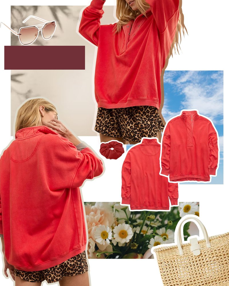 Gacaky Sweatshirt for Women Oversized Casual Long Sleeve Button Henley Neck Pullover Tops Fashion Outfits Clothes Red XS