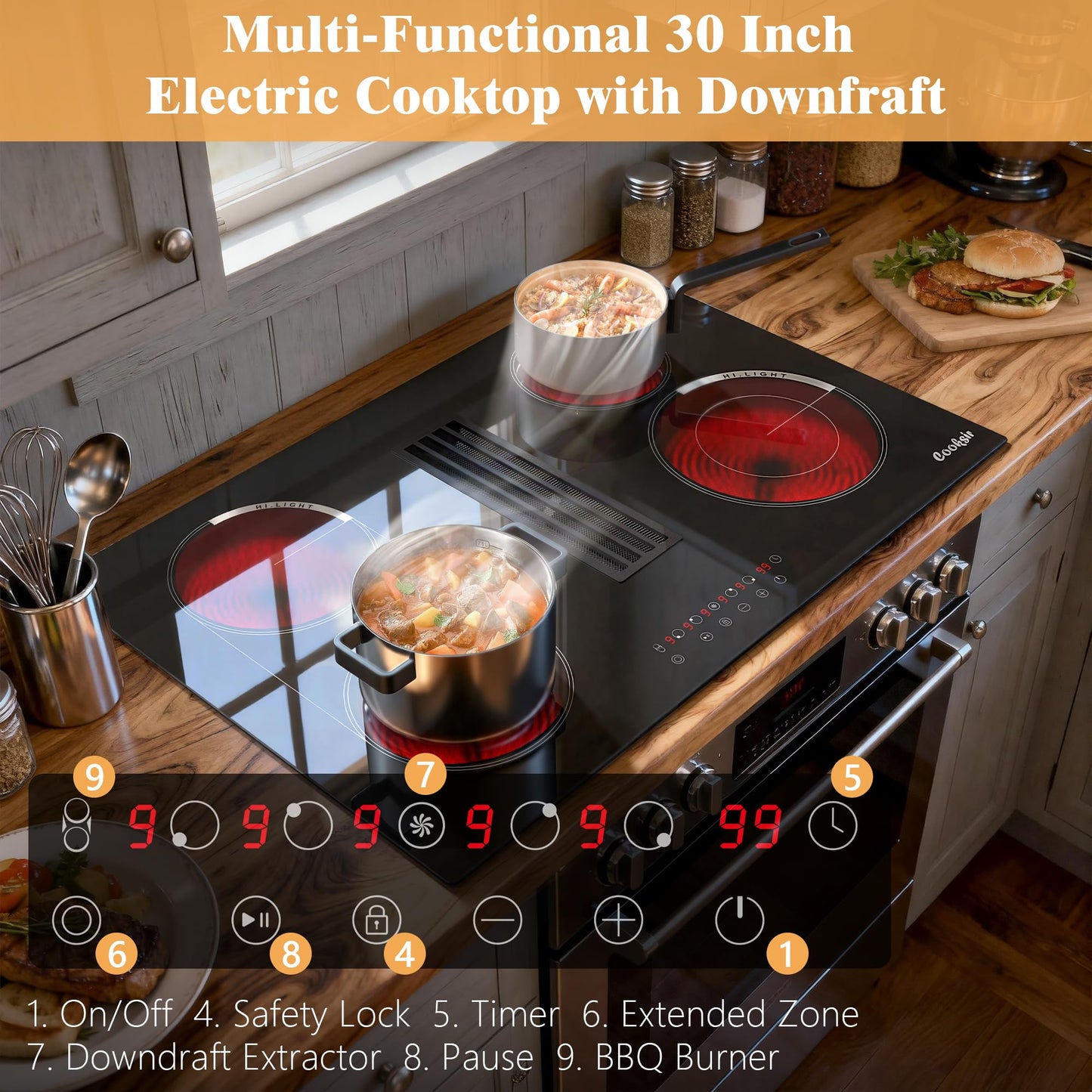Cooksir 30 Inch Electric Cooktop with Ductless Downdraft - 4 Burner Built-in Stove 7400W, 30" Electric Stove Downdraft Range Hood 135W, Timer, Safety Lock, 220V Hard Wired, Recirculating Air Vent