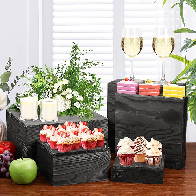 6 Pack Wooden Risers Display Stands Square Food Risers for Buffet Party Rustic Wood Cake & Cupcake Stands Nesting Box Wooden Crates for Display