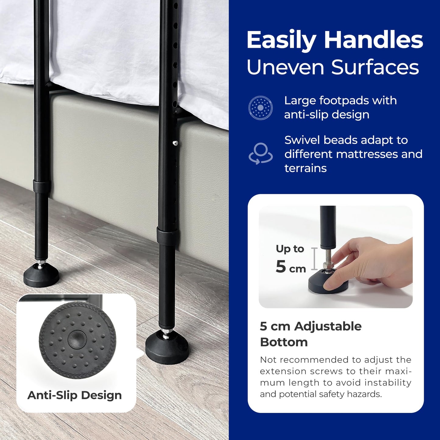 nimood C3 PRO Bed Rails for Seniors Elderly Adults Safety, Adjustable Heights Bed Cane Bed Assist Bar Elderly Assistance Products, with Motion Light- Easy to Get in or Out of Bed with Floor Suppor