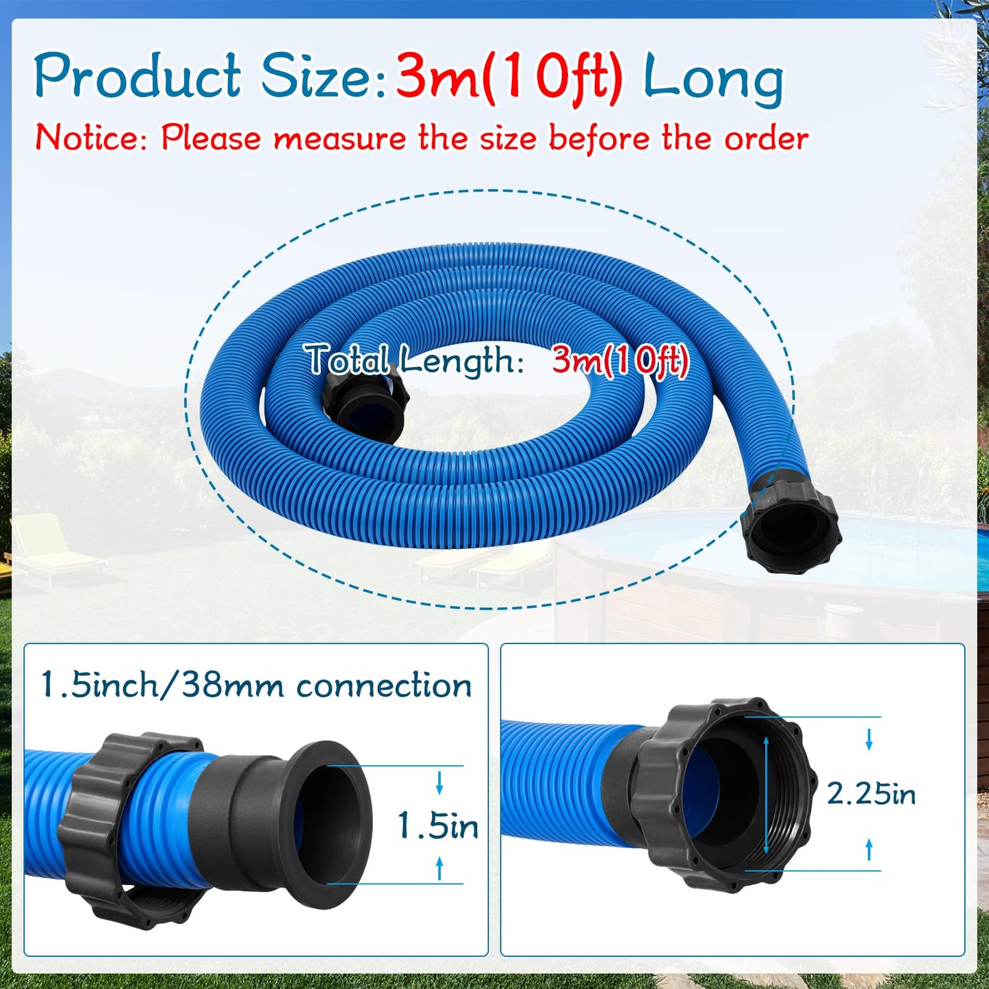 Frienda 10 ft Swimming Pool Replacement Hose - 1.5" Diameter Plastic Above Ground Hose Replacement Accessory for Home, Swimming Pool, Filter Pump, Saltwater Systems(Blue, Black)