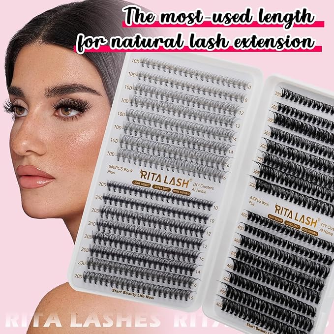 RITALASH Lash Extension Kit 10D+20D+30D+40D DIY Lash Clusters 640pcs Cluster Lashes Individual Lashes Eyelash Extension Kit with Lash Bond and Seal,Lash Tweezers(10D+20D+30D+40D Kit,10-16mm)