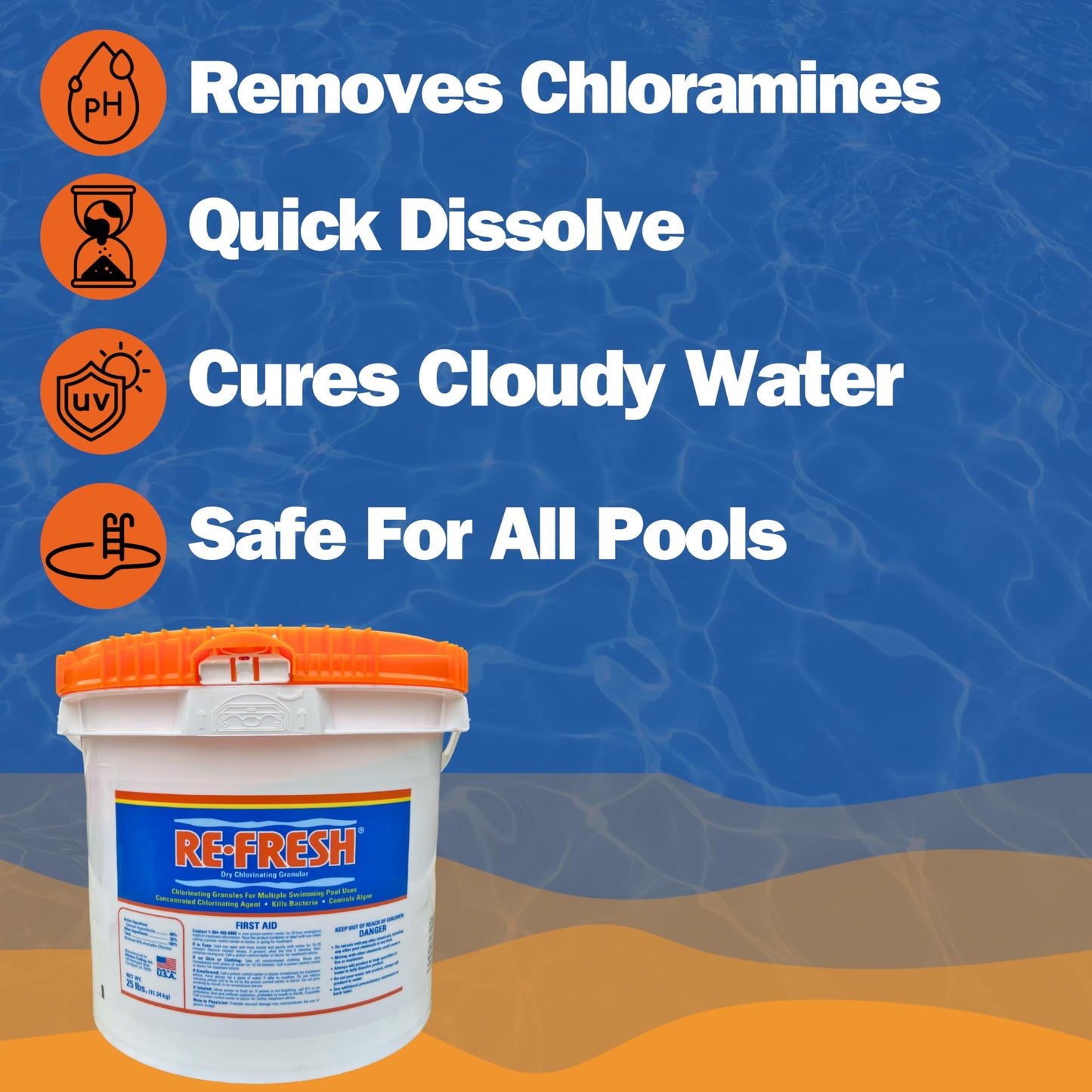 Refresh Granular 68% Active Chlorine Shock | 25-Pound Bucket | Perfect for Swimming Pools, Use As Bactericide, Algaecide, and Disinfectant in Swimming Pools and Spas | Fast Dissolving Shock
