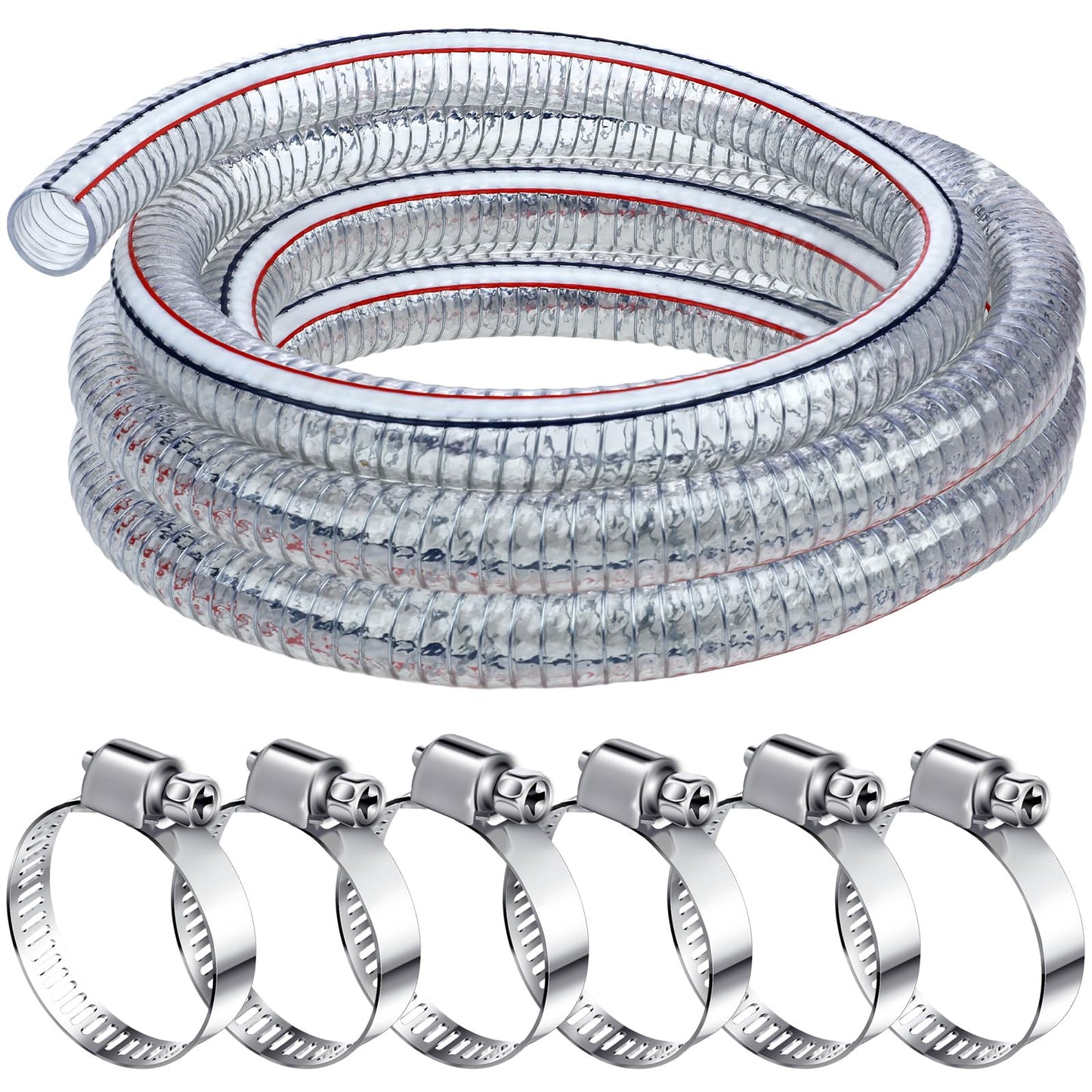Frienda Heavy Duty Steel Wire Flexible Tubing with Fasteners PVC High Pressure Oil Drain Hose Tube Clear Wire Reinforced for Pond Marine Bilge Pump Garden Pool(10 Ft, 1-1/2 Inch Id)