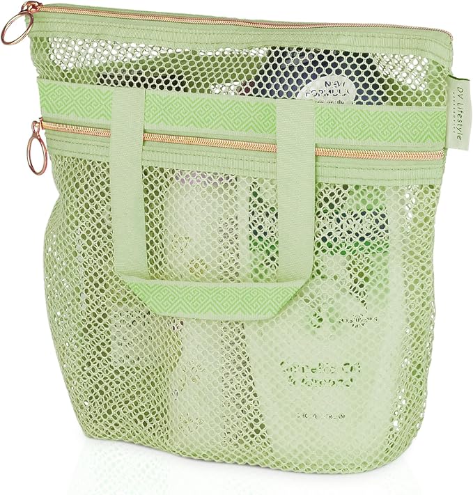 DV Lifestyle Mesh Shower Bag 10.2x9.9'' Quick-Dry Caddy with Zipper & 2 Pockets. Portable Toiletry Tote for Bathroom, Gym, Travel, Camp, Beach, for Sunscreen, Dorm & College Essentials (Light Green)