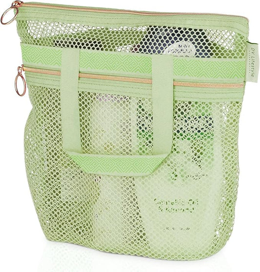 DV Lifestyle Mesh Shower Bag 10.2x9.9'' Quick-Dry Caddy with Zipper & 2 Pockets. Portable Toiletry Tote for Bathroom, Gym, Travel, Camp, Beach, for Sunscreen, Dorm & College Essentials (Light Green)