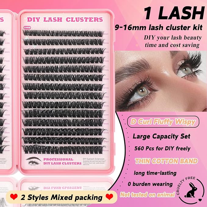 Lash Clusters Kit, 560 Pcs Eyelashes Clusters Kit 9-16mm Individual Lash Extension Kit D Curl Fluffy Wispy False Eyelashes (80D+100D, Lash Clusters)