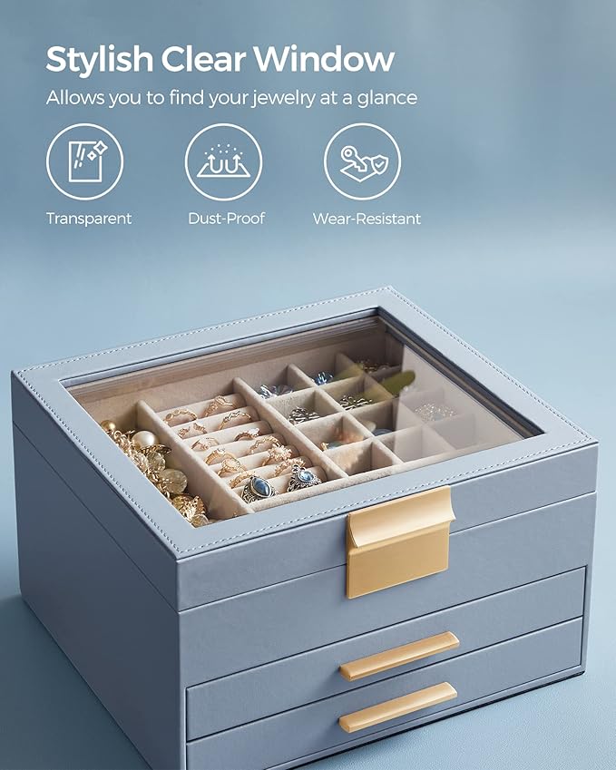 SONGMICS GISELLA Collection - Jewelry Box Organizer, 3-Layer Jewelry Storage with 2 Drawers, Shiny Metal Hardware, Glass Lid, Modern, 8 x 9.1 x 5.3 Inches, Smoky Blue and Gold Color UJBC239Q01