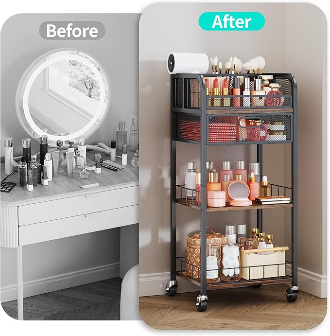 HapiRm Makeup Organizer Storage Cart - 4 Tier Skincare Make Up Storage with Drawer, Rolling Makeup Cart Vanity Organizer Cosmetics Display Cases Holder for Skin Care Perfume Nail Polish Brush