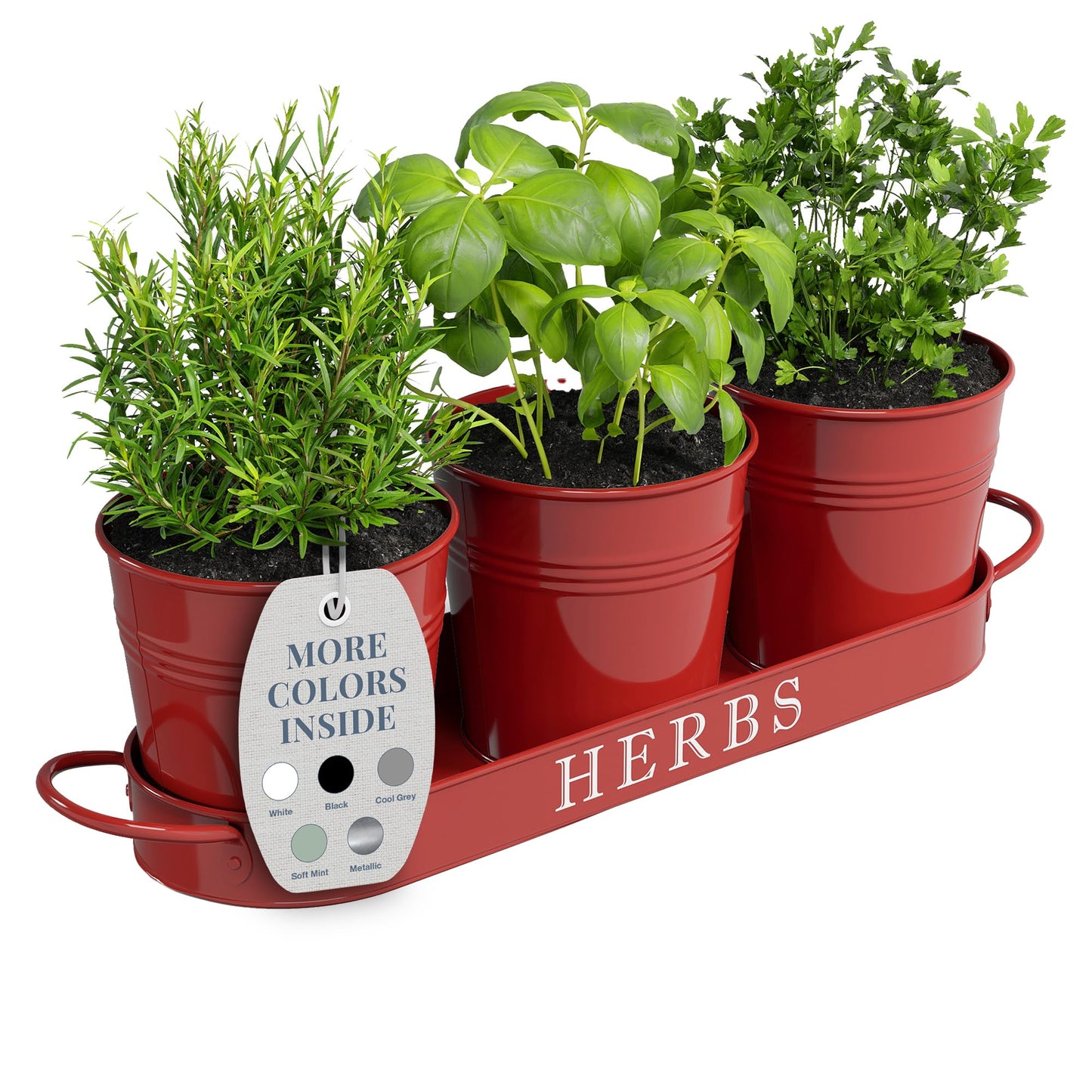 Barnyard Designs Indoor Herb Garden Planter Set with Tray, Metal Windowsill Plant Pots with Drainage for Outdoor or Indoor Plants, Set/3 (Brick Red)
