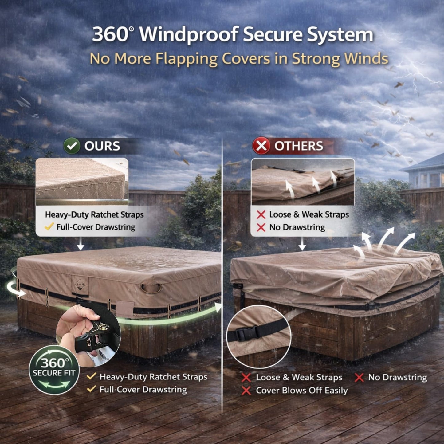QH.HOME Hot Tub Cover Replacement 85"x85", Waterproof & Weatherproof 600D Polyester Spa Cover for Hot Tub, UV Resistant, Windproof with Ratchet Strap System, Fits 84 x 84, 82 x 82 or 81 x 81 Square