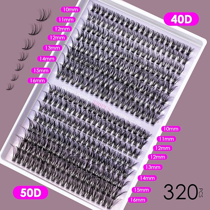 OCEAN PEARL 40D 50D Lash Clusters Lash Extension Kit 320 Pcs Thick Eyelashes Natural Lashes Clusters 10-16mm Eyelash Extensions Kit Individual Lashes with Bond and Seal Tweezers DIY Eyelash Extension