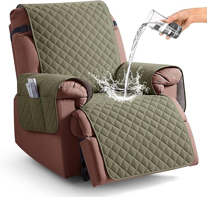 KinCam 100% Waterproof Recliner Chair Cover, Reclining Couch Covers for Pets, Dogs, Recliner Couch Slipcover Furniture Protector with Elastic Straps for Kids(23.6", Gray Green)