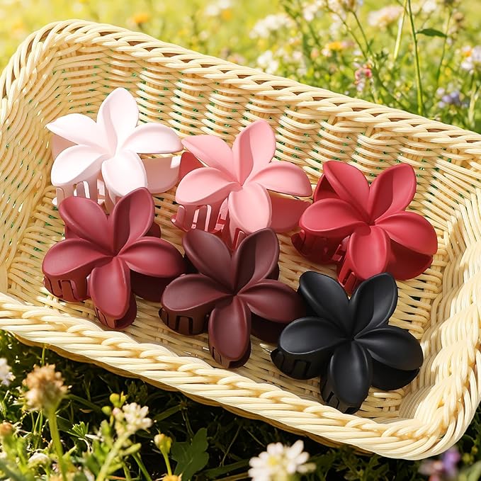 Flower Hair Clips for Women 6 Pcs Hawaiian Large Claw Clips Plumeria Medium Hair Claw Clips for Thick Thin Hair Hibiscus Tropical Beach Hair Accessories for Women Girls and Girls-Red