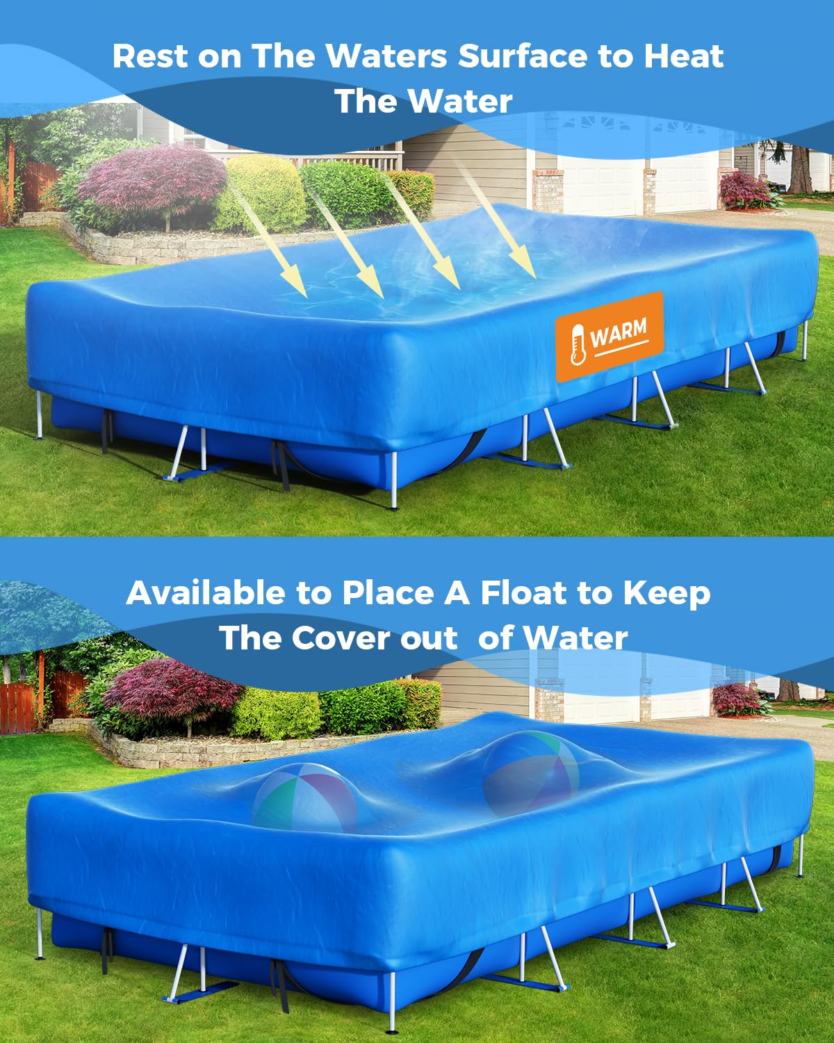 Reinmoson Rectangle Pool Covers for Above Ground Pools Fits 12’ x 7’ to 15’ x 8’ Pools, Rectangular Inflatable Pool Cover with Elastic Edge & Integrated Drawstring for Bestway/Intex/Coleman Pool