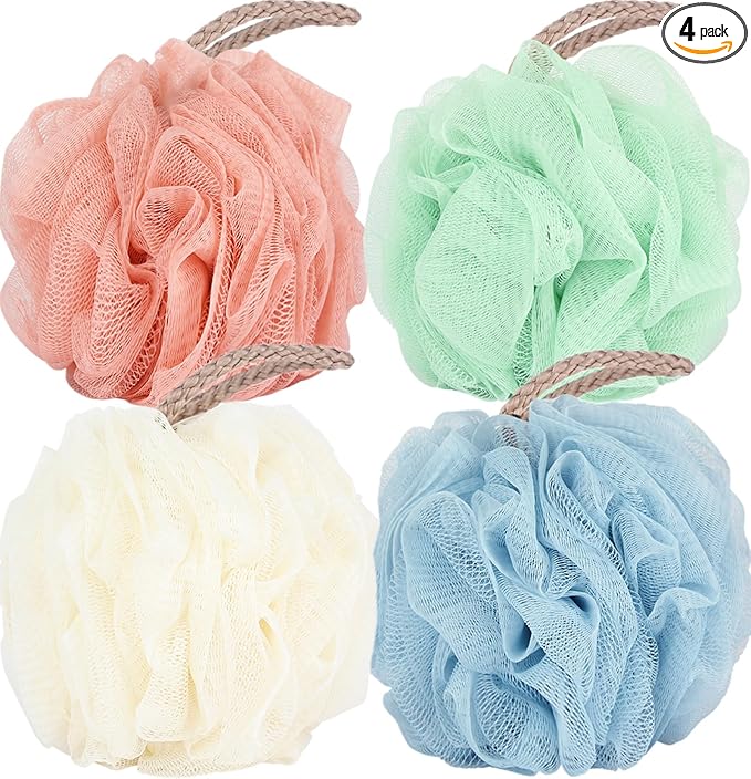 Fu Store Loofah Sponge 60g Shower Loofahs 4 Colors Bath Sponges Mesh Balls for Body Scrubber Exfoliator Wash Back Scrubber Bathroom Men Women - 4 Pack Scrubbers Cleaning Bathing Accessories